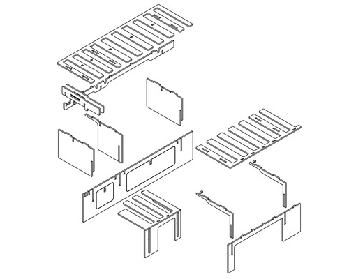 Explosionszeichnung eines Möbelbausatzes.