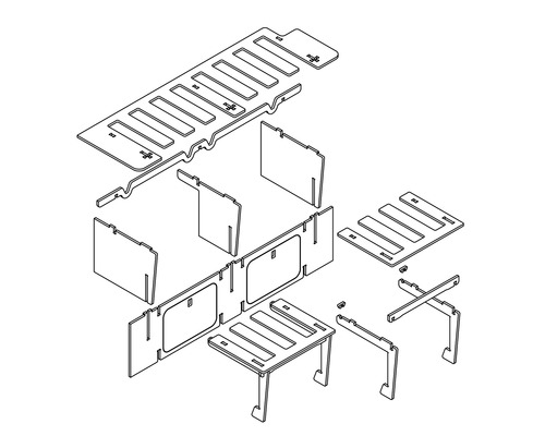 Explosionszeichnung eines Möbelbausatzes mit verschiedenen Holzteilen