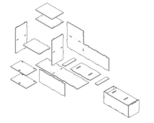 Explosionszeichnung eines Möbelstücks, bestehend aus Einzelteilen.
