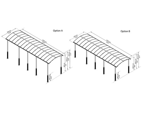 Illustration von zwei Carport Optionen mit Maßangaben.