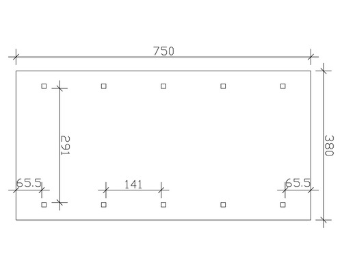 Dessin technique avec les dimensions 750, 380, 291, 141 et 65,5.