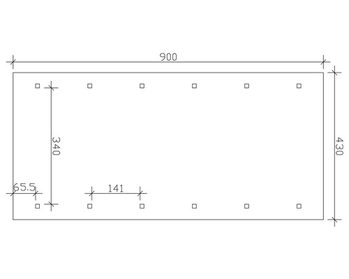 Schéma technique d''une plaque avec des dimensions de 900 x 430 mm et des trous de forage