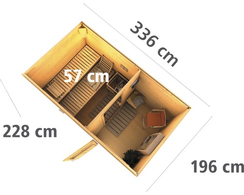Vue de dessus d''un sauna de jardin mesurant 336 x 228 x 196 centimètres avec une largeur de banc de 57 centimètres.