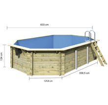 Piscine en bois avec échelle et dimensions de 633 cm, 124 cm, 356,5 cm et 124,8 cm
