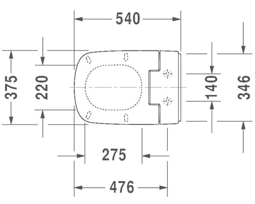Technische Zeichnung eines Toilettensitzes mit Maßangaben