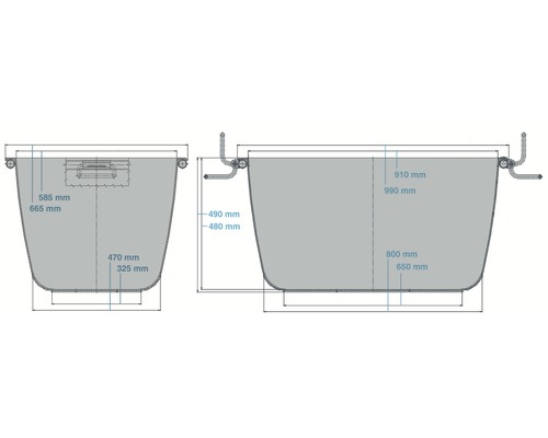 Technische Zeichnung einer Badewanne mit Maßangaben.