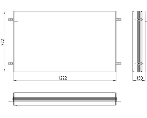 Technische Zeichnung einer Verteilerdose mit den Maßen 1222 x 722 x 150 mm