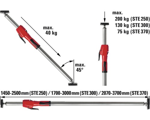 Image d''un étai avec des données techniques sur le poids, l''angle et la longueur.