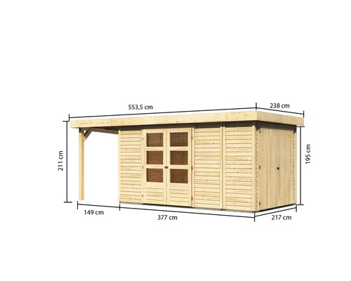 Image d''un abri de jardin en bois avec les dimensions.