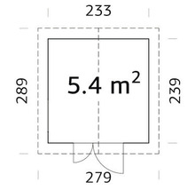 Grundrisszeichnung eines Gartenhauses mit einer Fläche von 5.4 Quadratmetern und den Maßen 233 mal 289 Zentimeter.