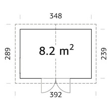 Grundrisszeichnung eines Gartenhauses mit Größenangaben