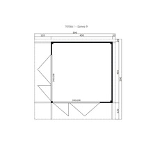 Grundrisszeichnung eines Gartenhauses mit Maßangaben