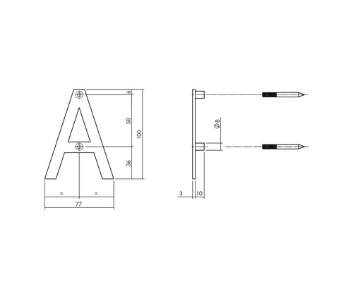 Schéma technique de la lettre A avec indications de dimensions