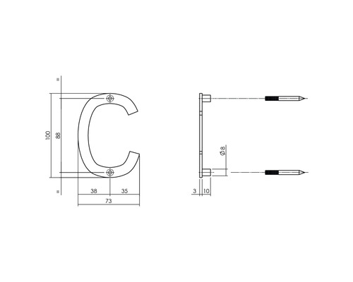 Dessin technique de la lettre C avec indications de dimensions
