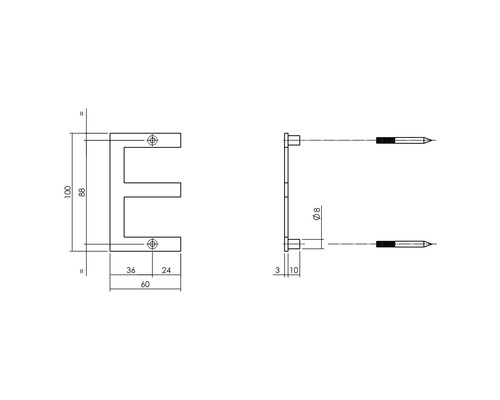 Dessin technique d''une plaque de porte en forme de E avec dimensions