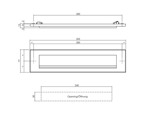 Schéma technique d''une fente de boîte aux lettres avec dimensions
