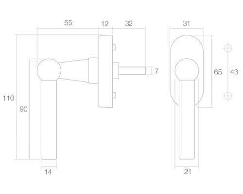 Technische Zeichnung eines Türgriffs mit Maßangaben