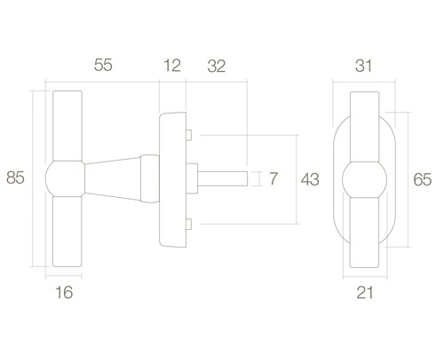 Technische Zeichnung eines Türdrückers mit Maßangaben