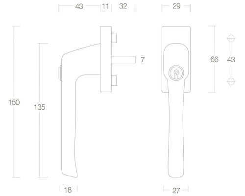 Technische Zeichnung eines Fenstergriffs mit Maßangaben