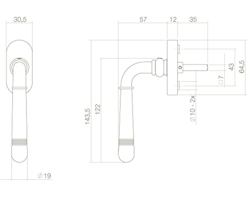 Technische Zeichnung eines Fenstergriffs mit Maßangaben