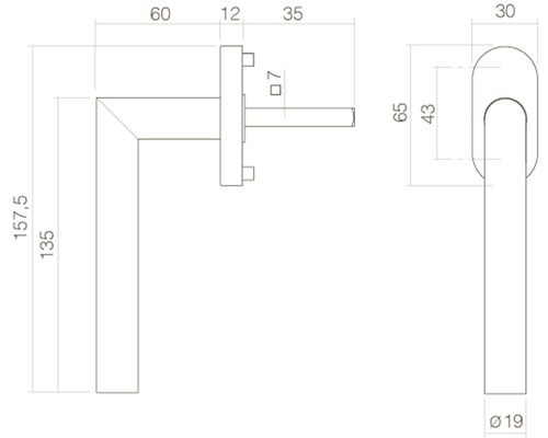 Technische Zeichnung eines Türgriffs mit Maßangaben