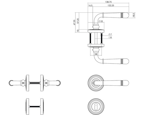Dessin technique d''une poignée de porte avec des indications de mesure.