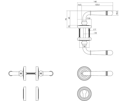 Schéma technique d''une poignée de porte avec rosace et dimensions