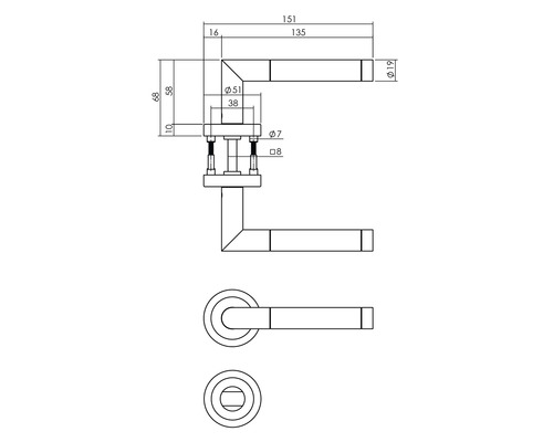 Technische Zeichnung eines Türgriffs mit Maßangaben