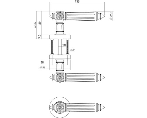 Schéma technique d''une poignée de porte avec dimensions