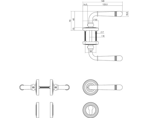 Schéma technique d''une poignée de porte avec dimensions
