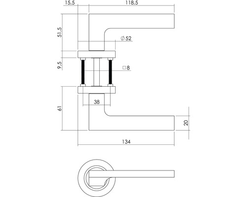 Dessin technique d''une garniture de poignée de porte avec cotes