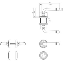 Technische Zeichnung eines Türdrückers mit Maßen