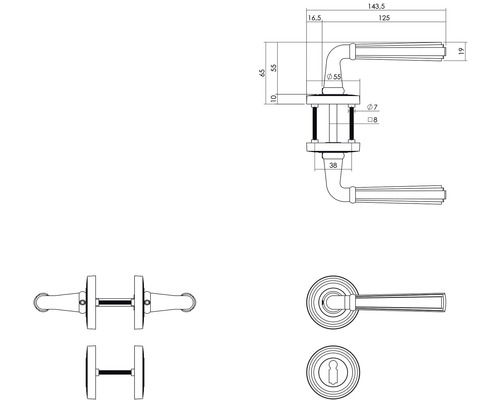 Technische Zeichnung eines Türdrückers mit Maßangaben