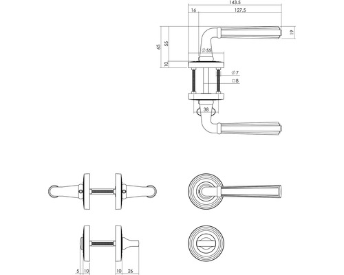 Technische Zeichnung eines Türdrückers mit Maßangaben.