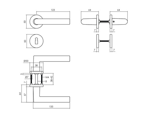 Schéma technique d''une béquille de porte avec indications de dimension
