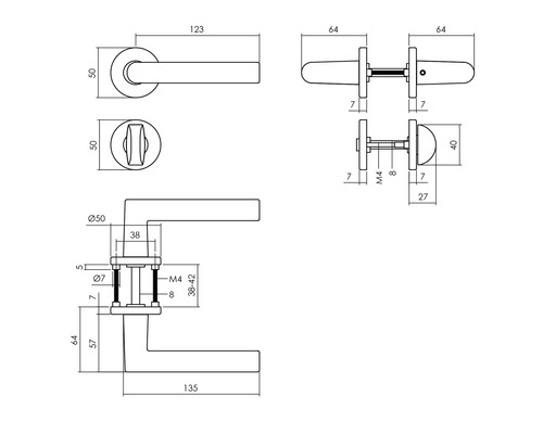 Technische Zeichnung eines Türdrückers mit Maßen
