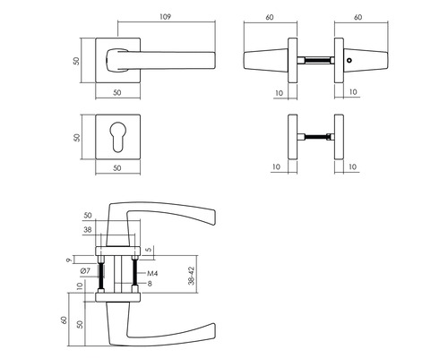 Technische Zeichnung einer Türdrückergarnitur mit Maßen