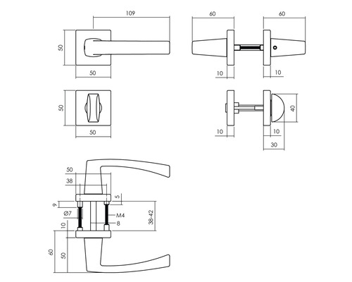 Technische Zeichnung eines Türdrückers mit Maßangaben