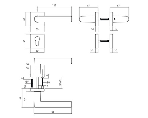 Dessin technique d''une poignée de porte avec indications de dimensions