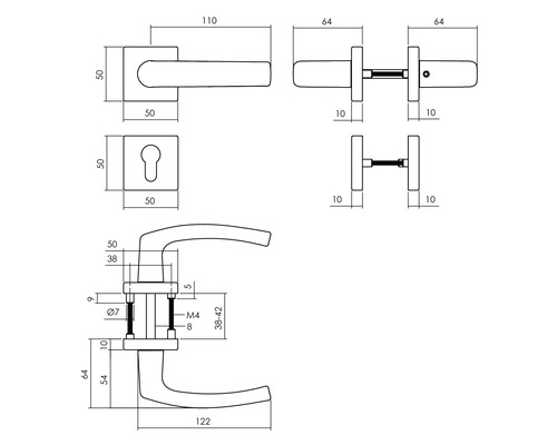 Technische Zeichnung eines Türdrückers mit Maßangaben