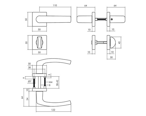 Technische Zeichnung eines Türdrückers mit Maßangaben