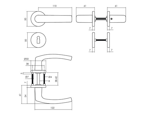 Technische Zeichnung eines Türdrückers mit Maßangaben