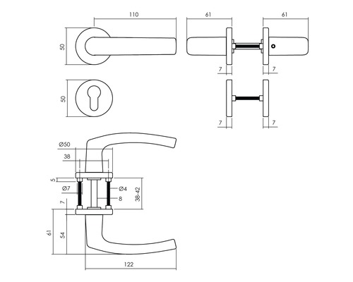 Technische Zeichnung eines Türdrückers mit Maßangaben