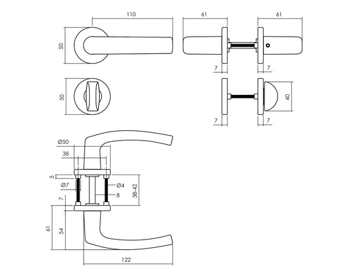 Technische Zeichnung eines Türgriffs mit Maßangaben.