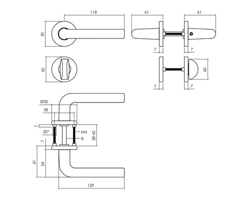 Technische Zeichnung eines Türdrückers mit Maßangaben.
