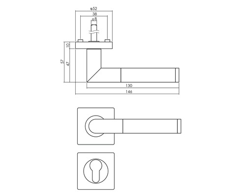 Schéma technique d''une poignée de porte avec dimensions.