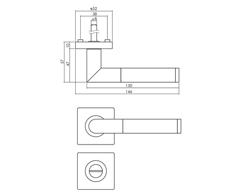 Technische Zeichnung eines Türdrückers mit Maßen