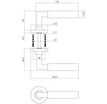 Technische Zeichnung einer Türklinke mit Maßangaben