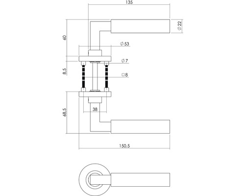 Schéma technique d''une poignée de porte avec indications de mesure.