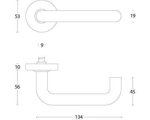 Schéma technique d''une poignée de porte avec indications de dimensions.